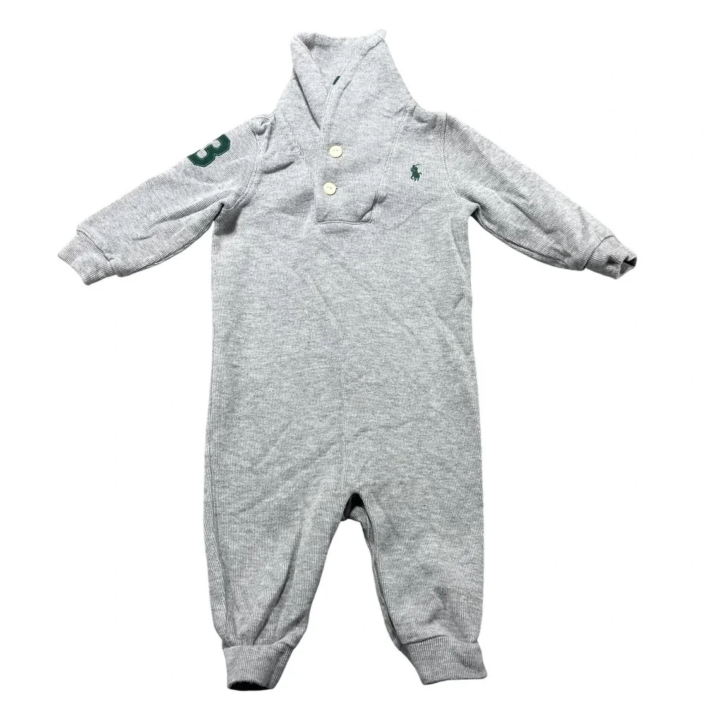 Ralph Lauren Coverall Infant Boys 6M Gray Knit Collared Logo Snap One-Piece